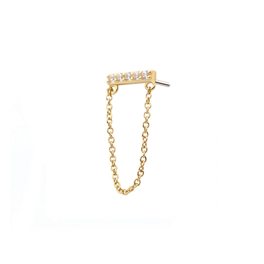 Pendiente Barra horizontal de oro sólido de 14k con cadenita colgante y circonitas