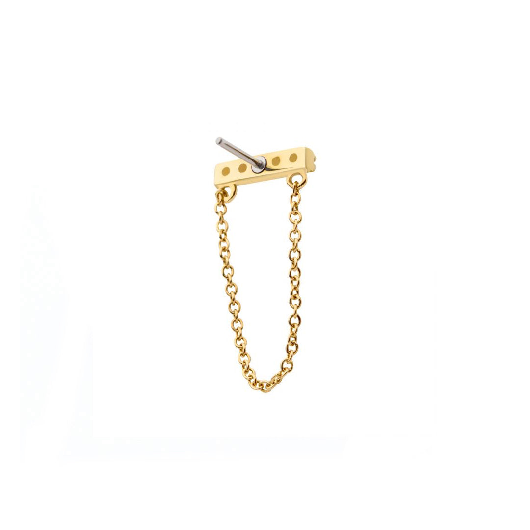 Pendiente Barra horizontal de oro sólido de 14k con cadenita colgante y circonitas