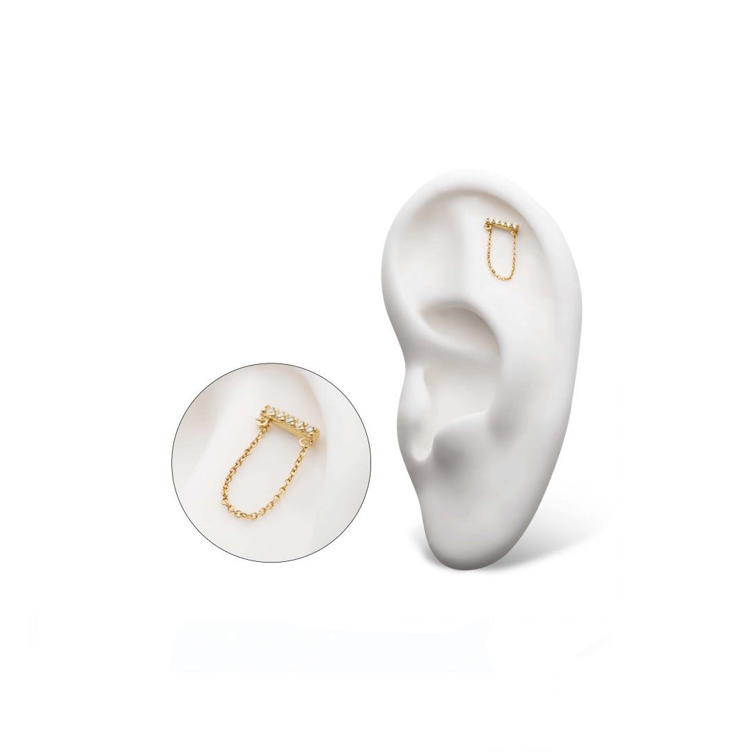 Pendiente Barra horizontal de oro sólido de 14k con cadenita colgante y circonitas