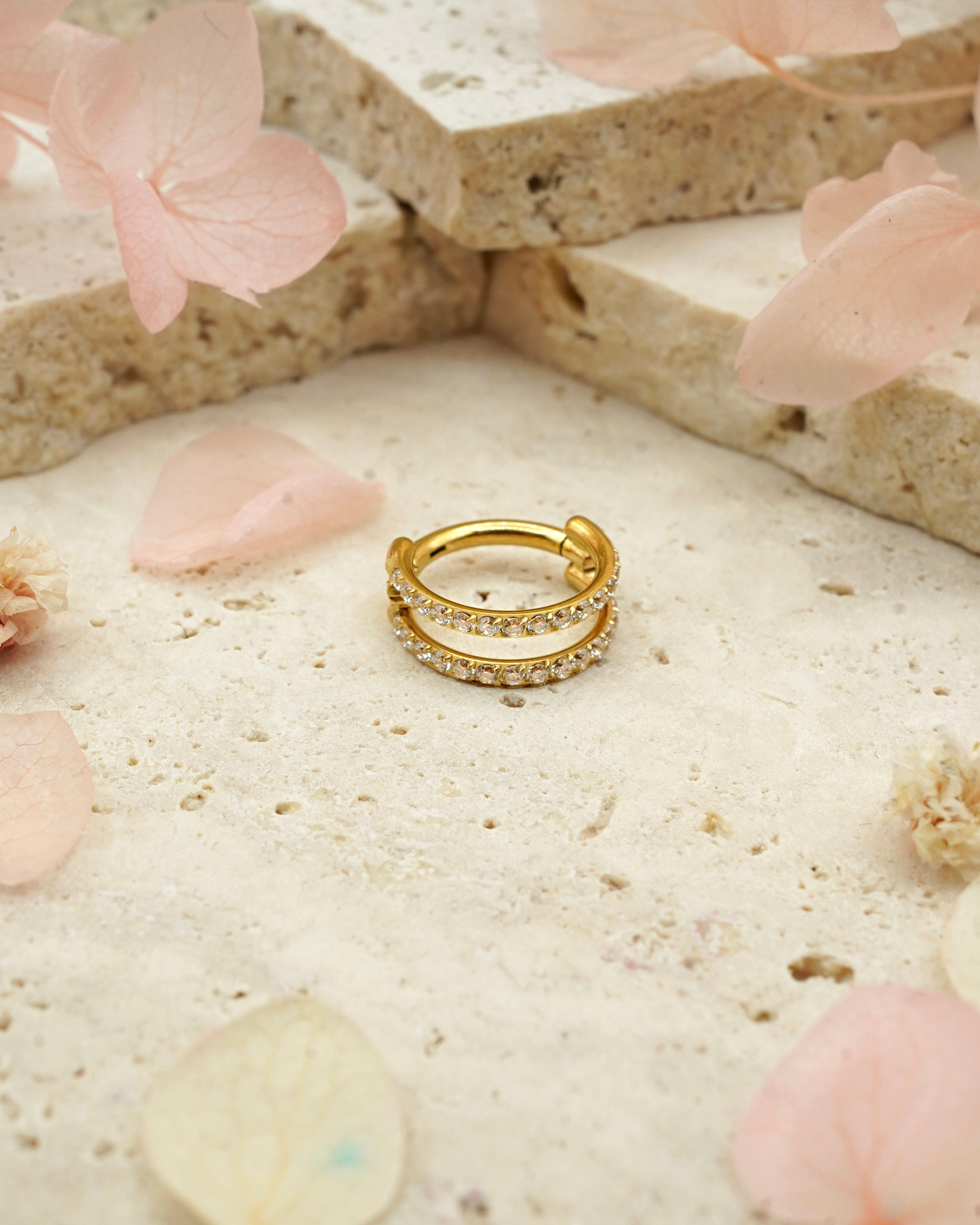 Pendiente Aro doble oro 24k PVD y circonitas