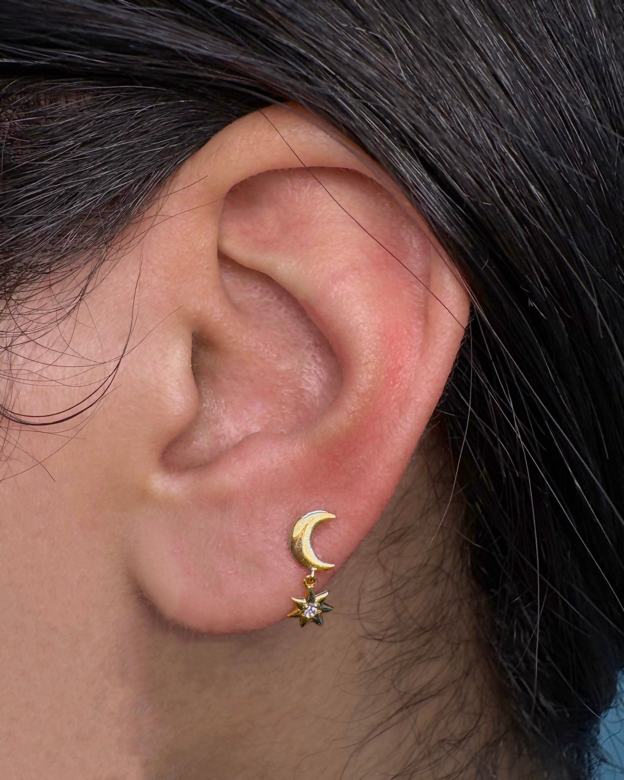14k solid gold crescent moon with star
