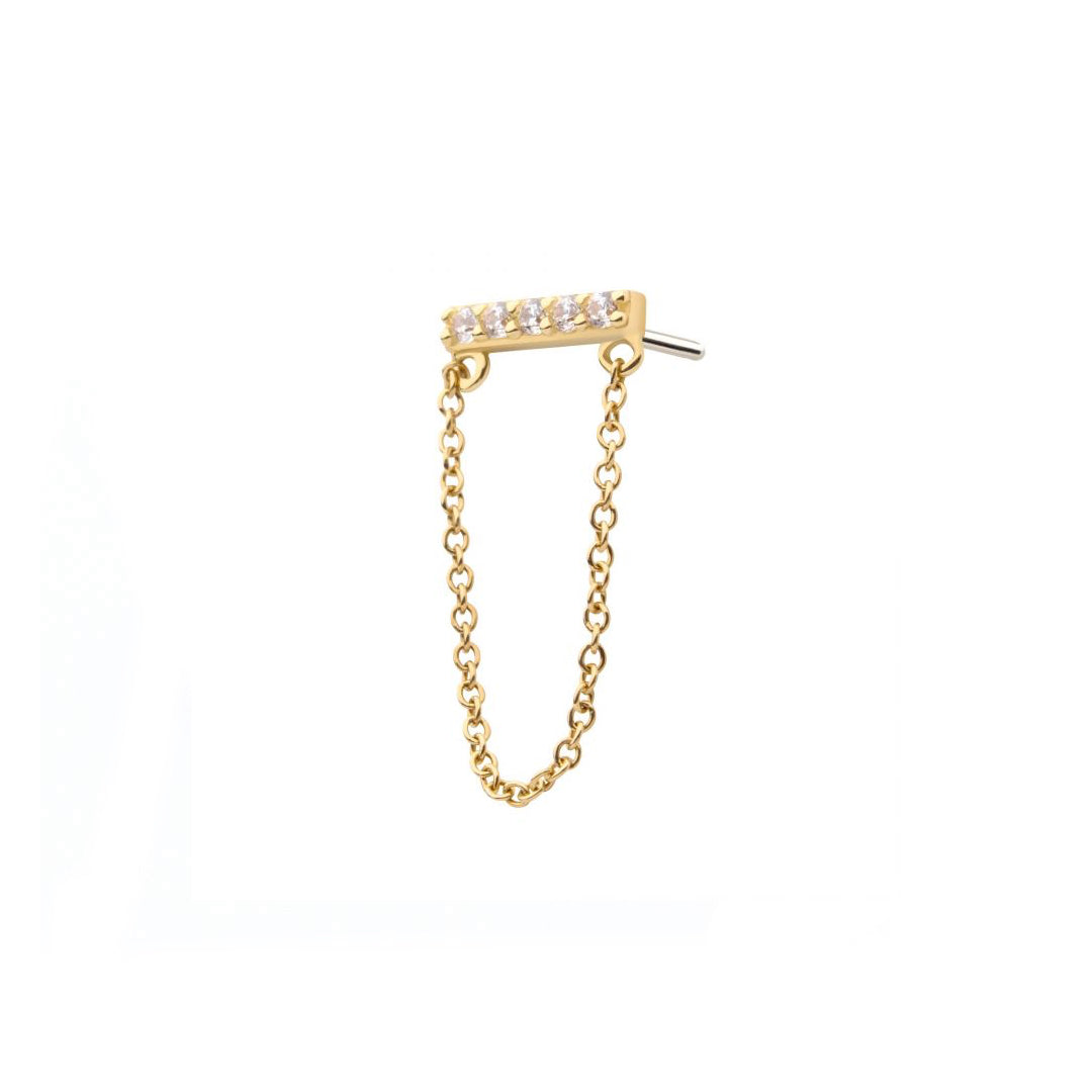 14k Solid gold cz bar with dangling chain