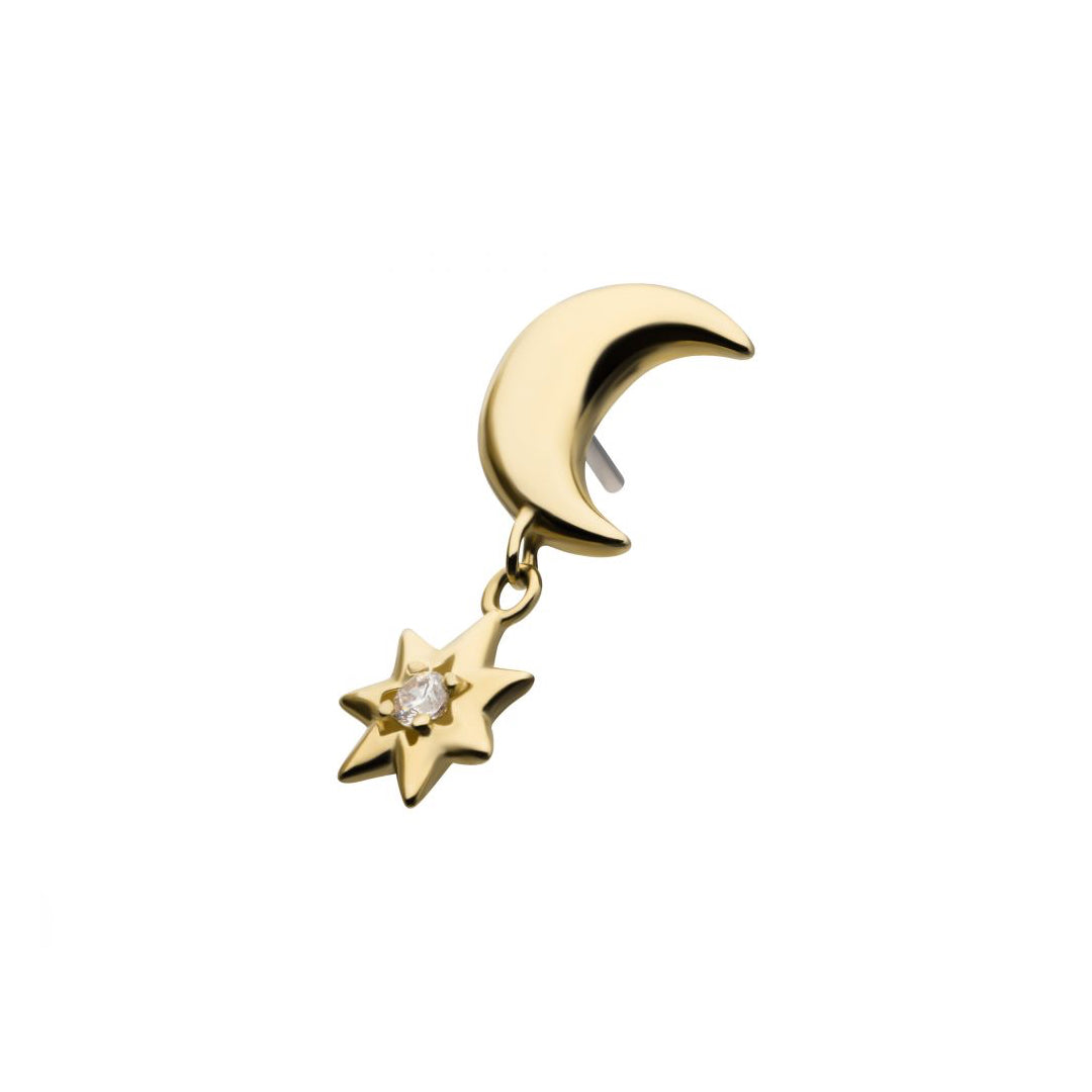 Luna de oro sólido de 14k y estrella colgante con circonita